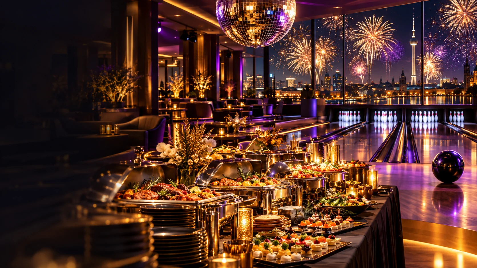 KI-Motiv: Bowling, Galabuffet, Discokugel und Silvesterfeuerwerk